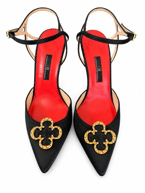 Carolina Herrera Shoes - Carolina Herrera Black Pointed Slingback Pumps with Red Insole and Gold Emblem
